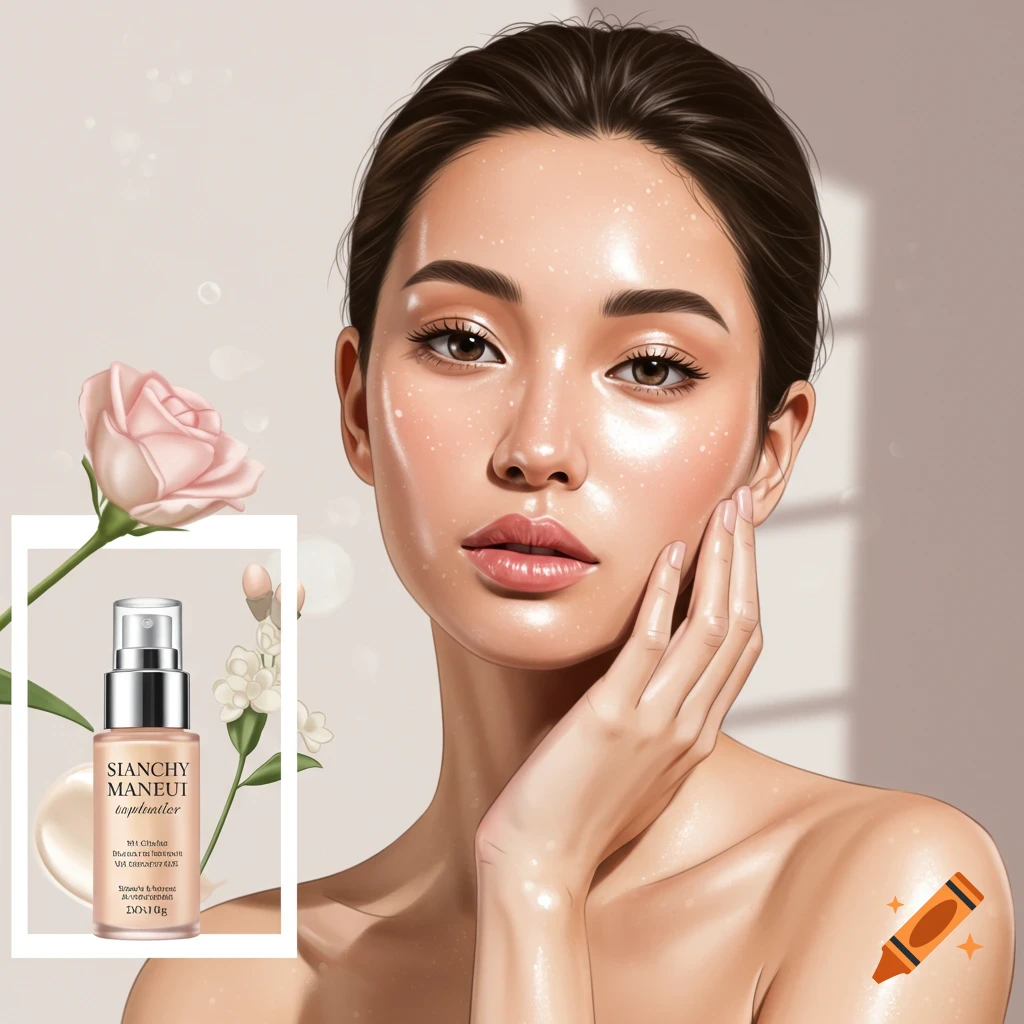 A woman with glossy skin is holding a skincare bottle with flowers.