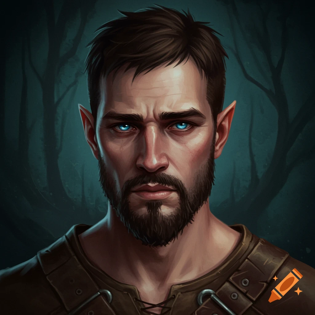 A fantasy character with blue eyes, pointy ears, and beard in a dark forest.