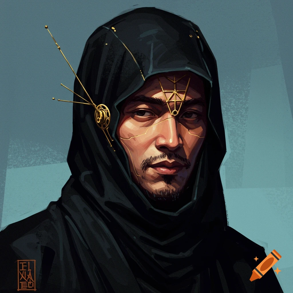 a person in a black hood wearing intricate gold futuristic headgear.