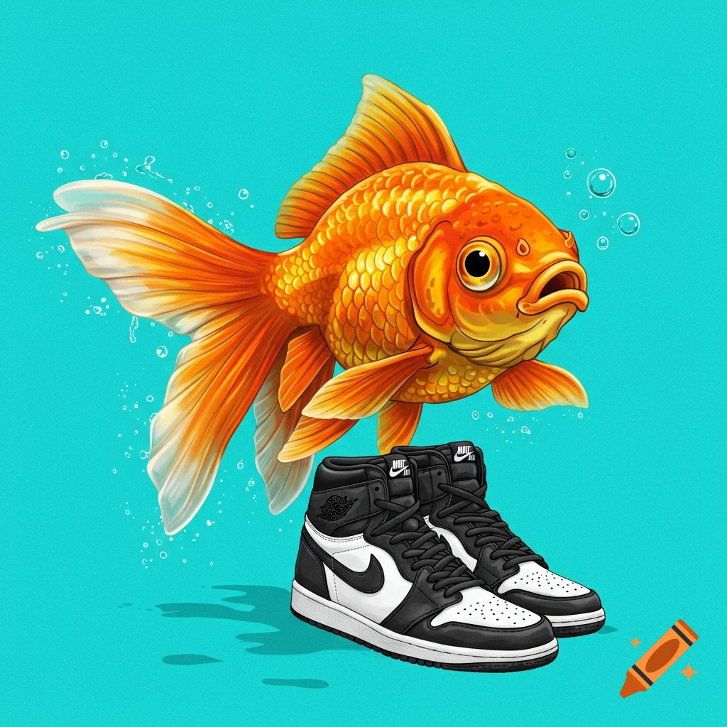 A goldfish above a pair of black and white Nike sneakers.