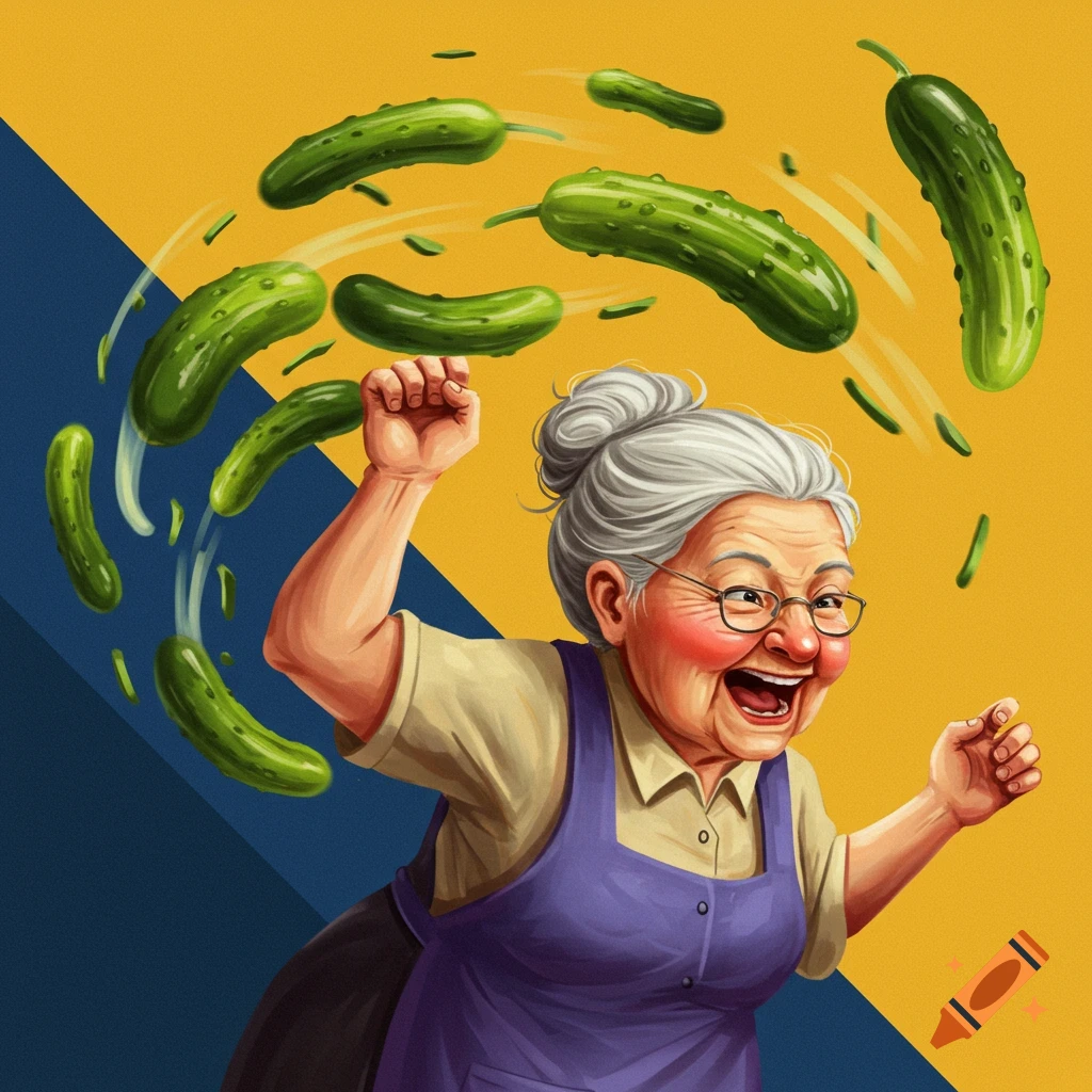 A laughing elderly woman in an apron throwing pickles.
