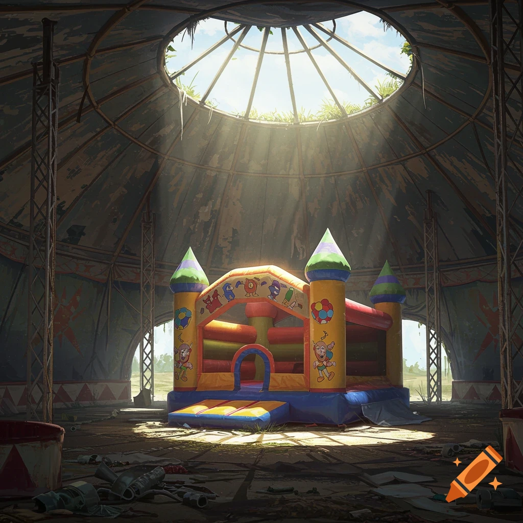 A colorful bounce house sits in an abandoned circus tent with sunlight streaming through the roof.