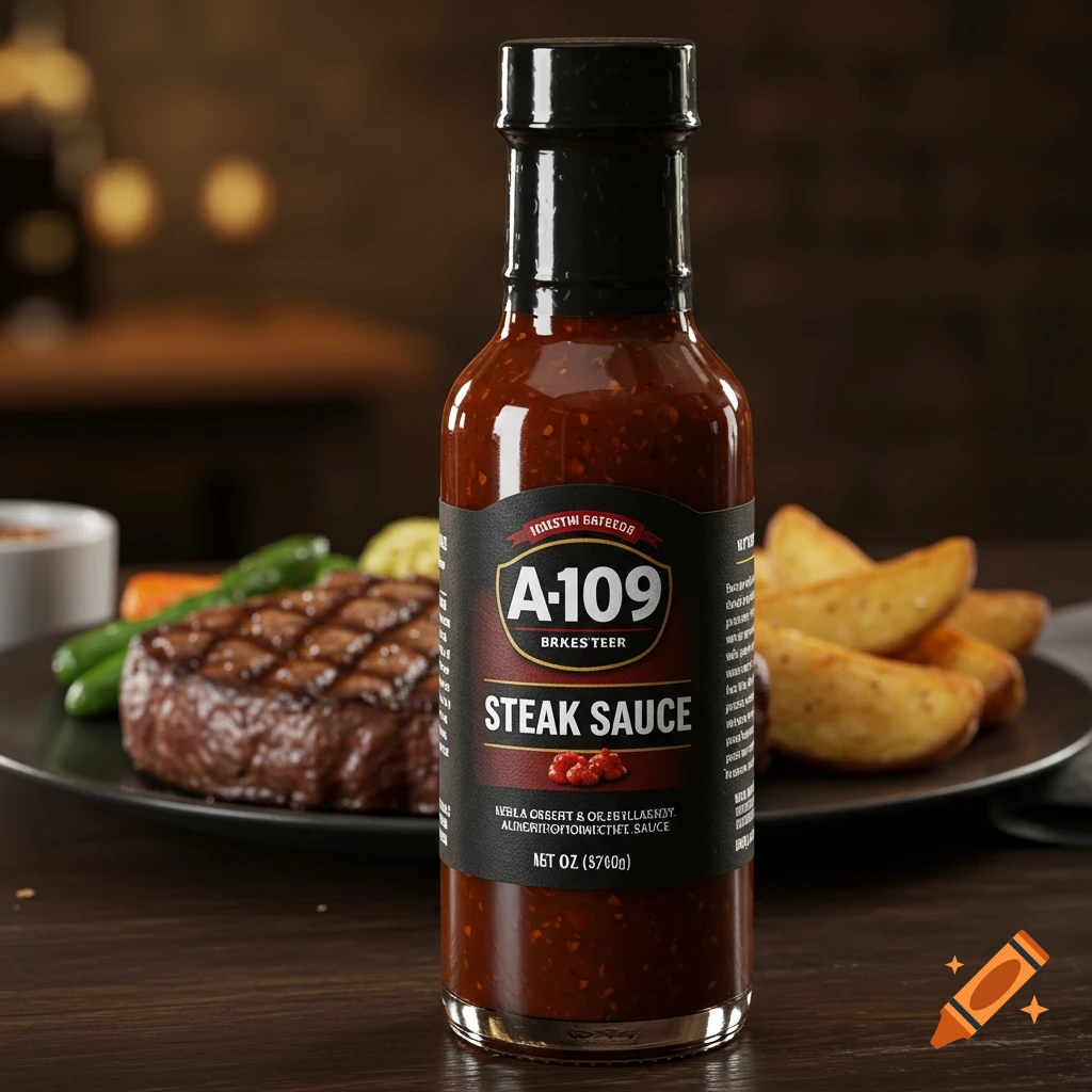 Bottle of A-109 steak sauce next to a steak and potatoes dinner.