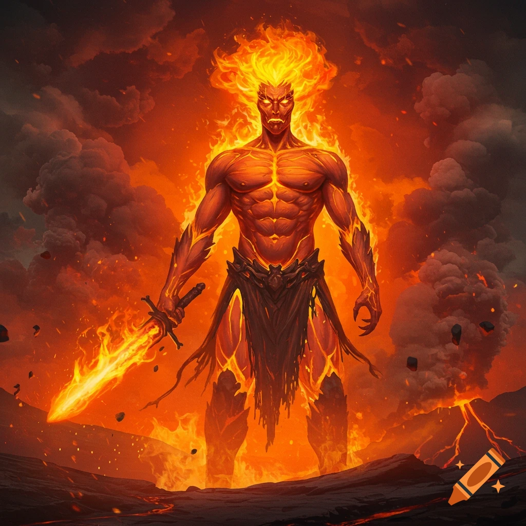 A fire titan holding a flaming sword in a volcanic landscape.
