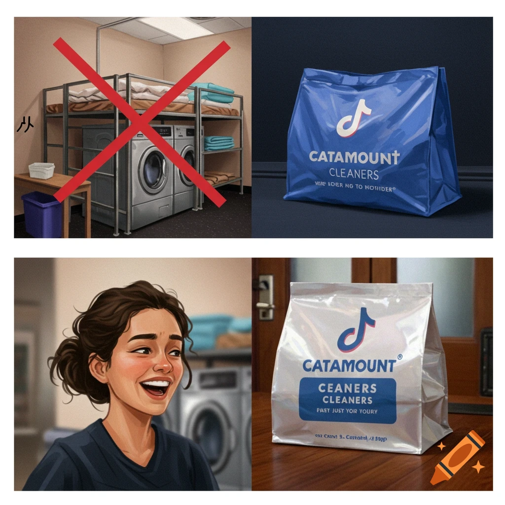Split screen: crossed-out dorm laundry room, blue cleaning bag, stylized smiling person, silver cleaning bag.