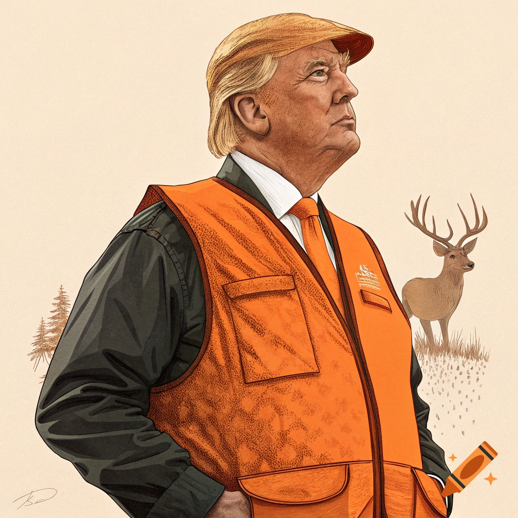 Illustration of Donald Trump in orange hunting vest and cap with a deer in background.