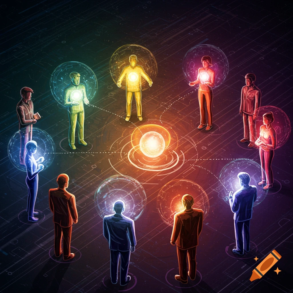 Stylized figures interact with glowing orbs connected by lines on a dark digital background.