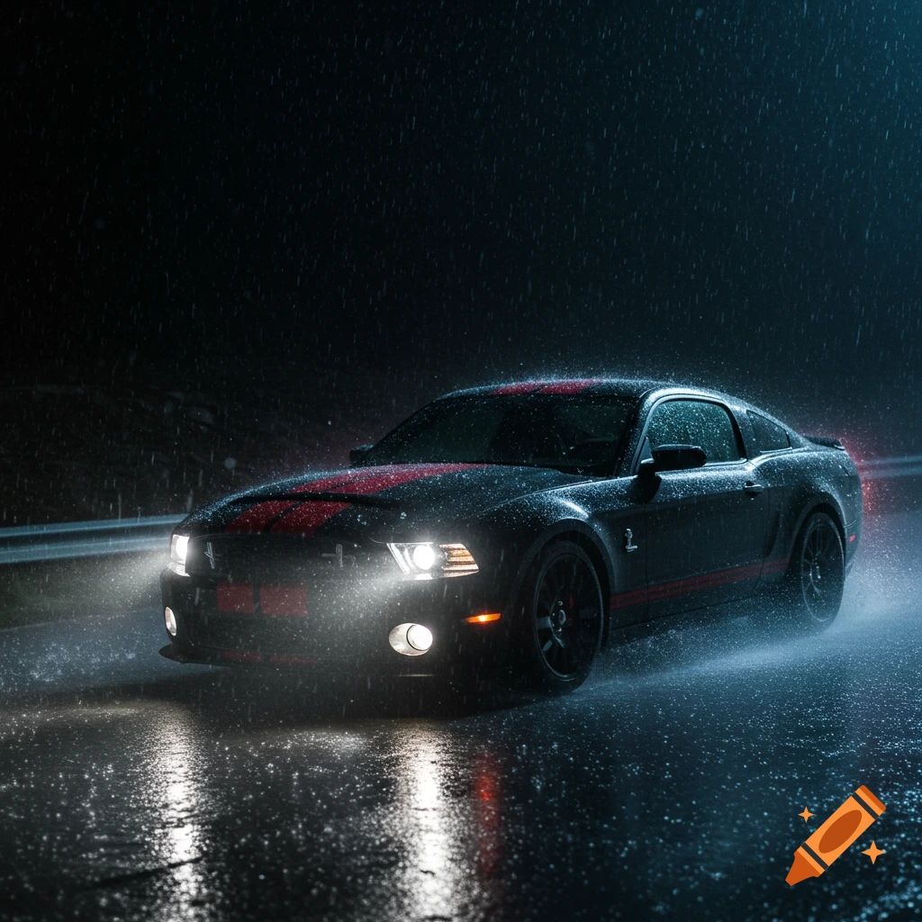 Black Shelby GT500 drives through heavy rain at night with headlights on.