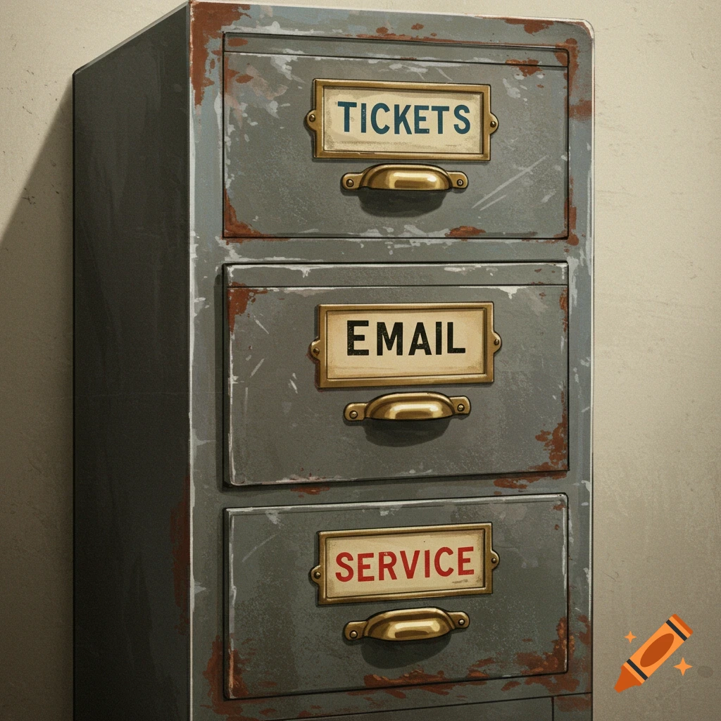 A grey file cabinet with drawers labeled TICKETS, EMAIL, and SERVICE.
