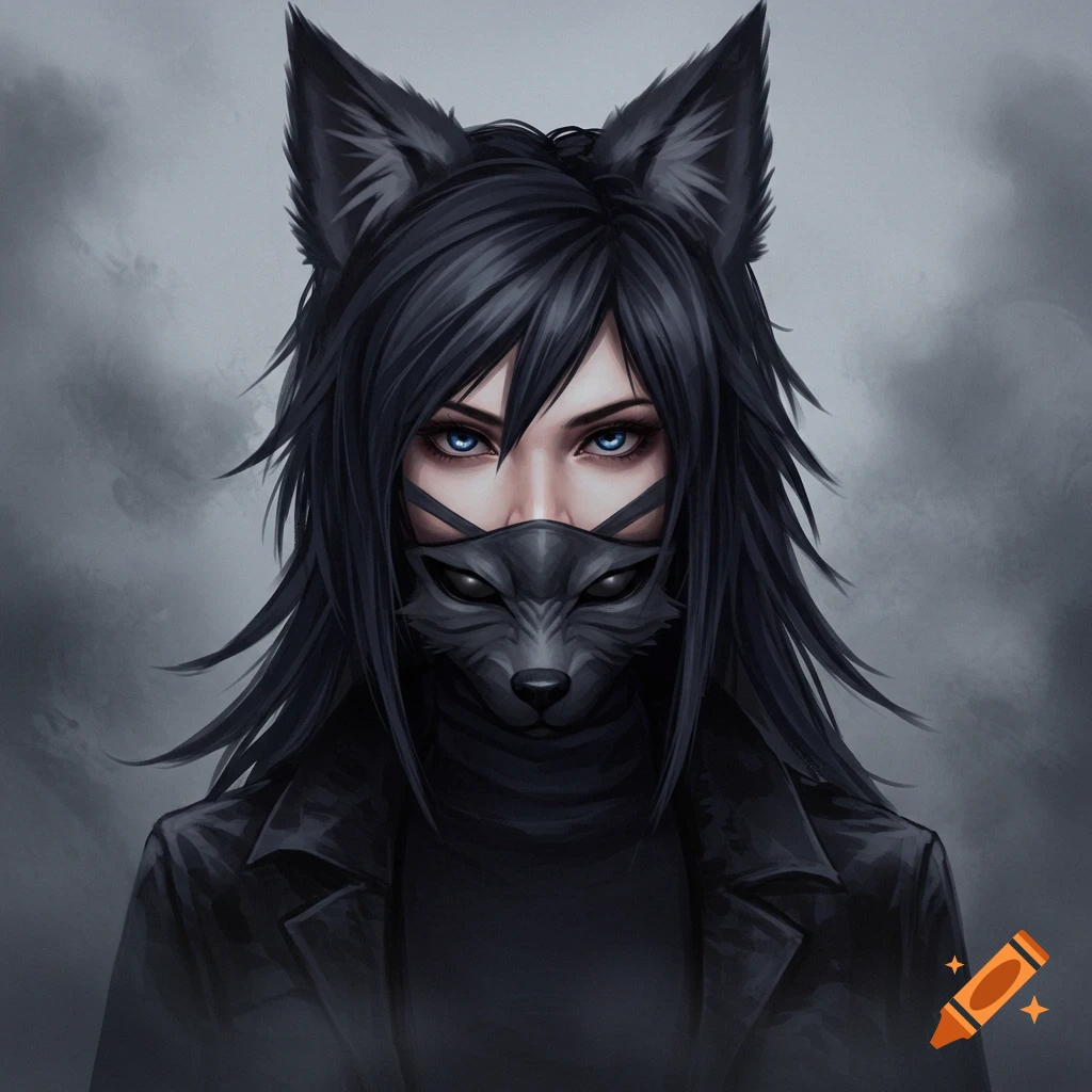 A person with piercing blue eyes, black hair and wolf ears, wearing a wolf mask and black jacket against a foggy background.
