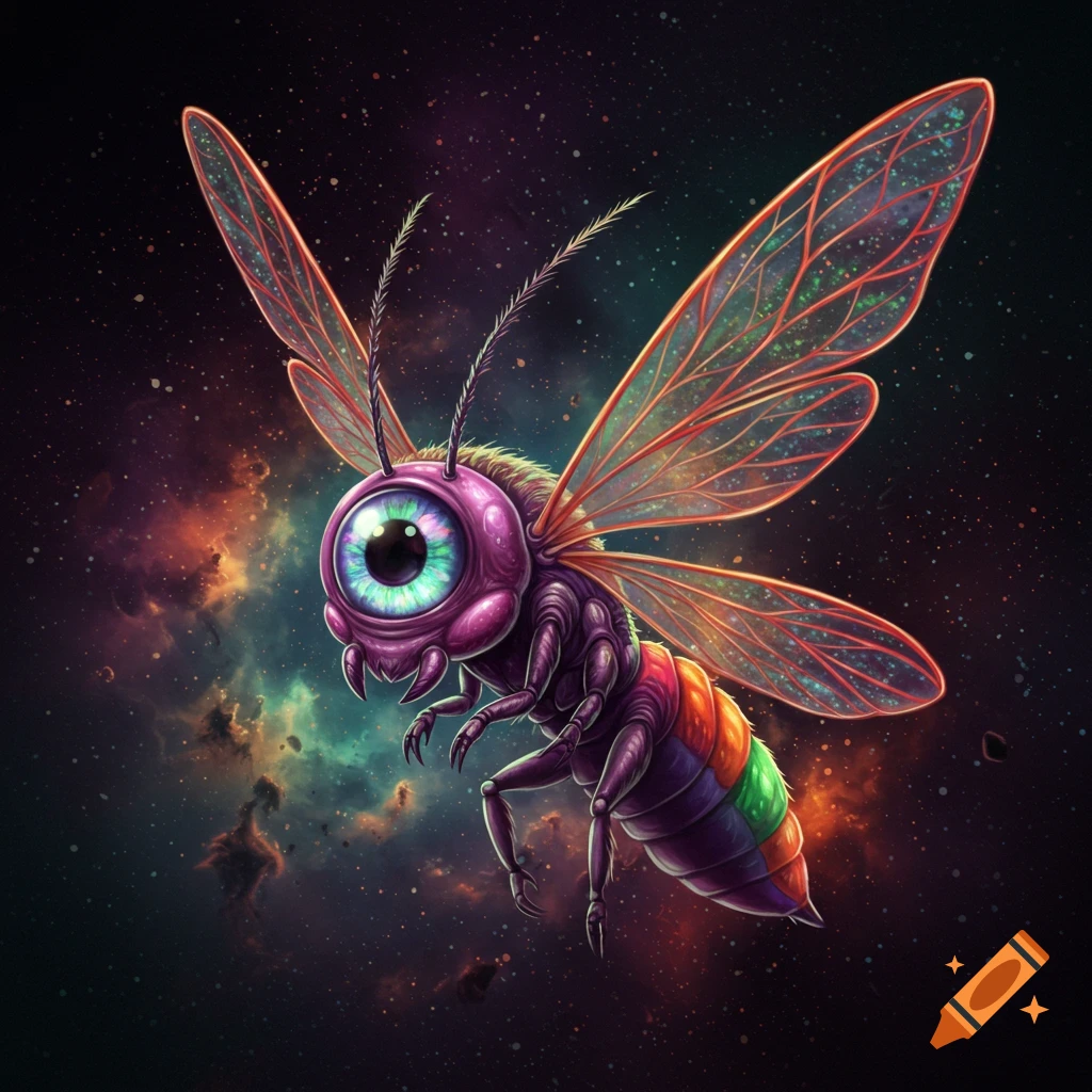 A purple and rainbow-striped insect-like creature with one large eye flies through space.
