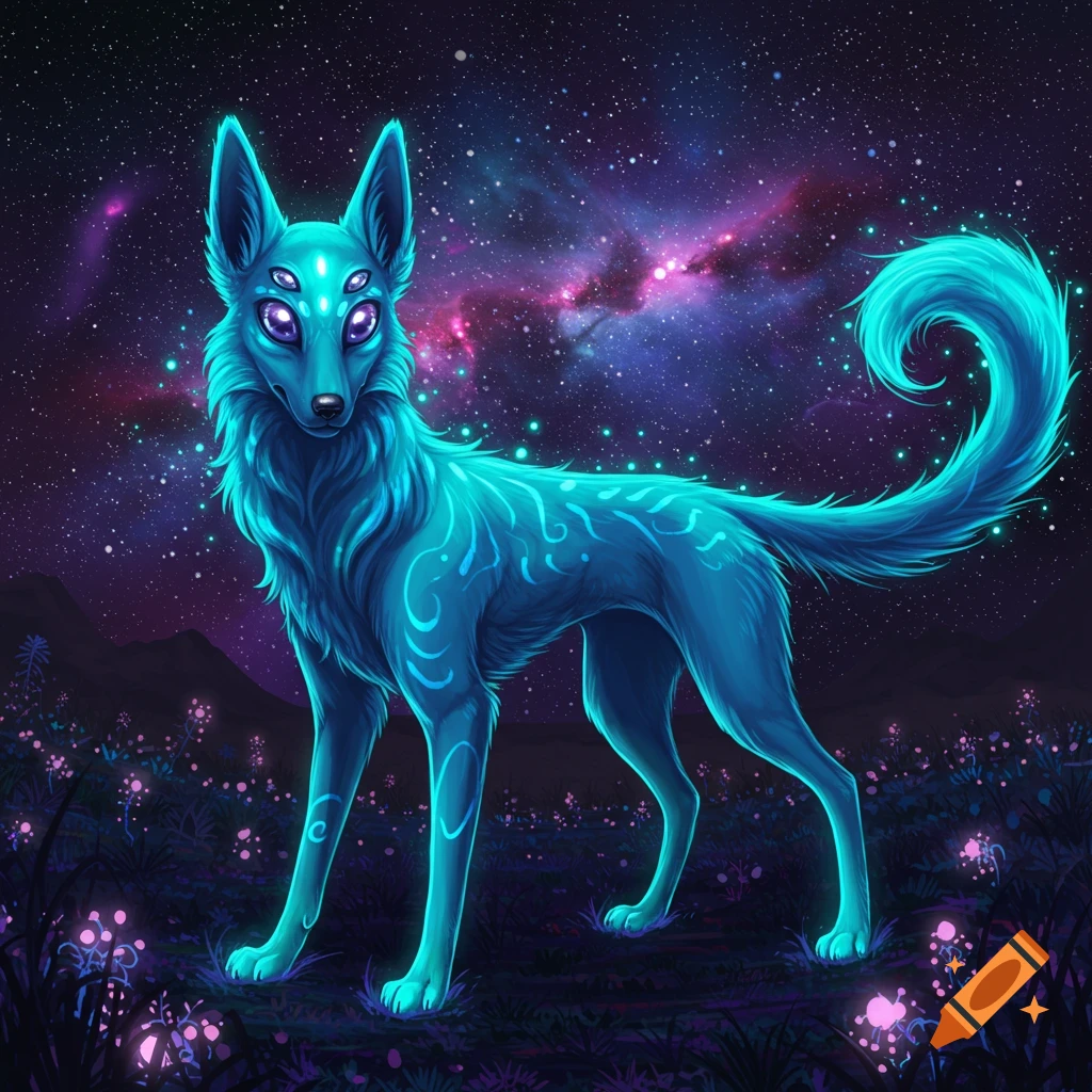 A glowing blue fantasy creature with three eyes in a field under a starry night sky.