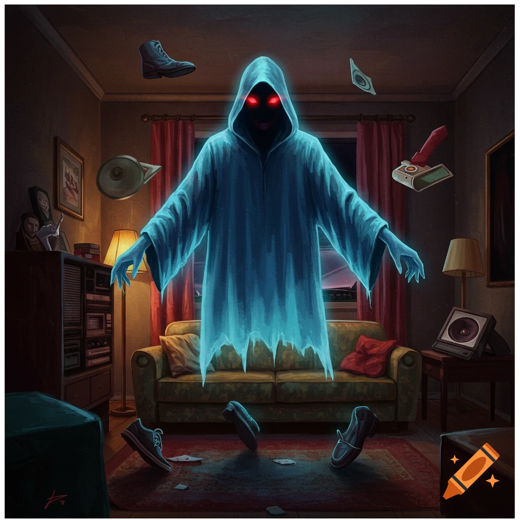 A blue poltergeist with red eyes hovers in a retro living room, making shoes and objects float.