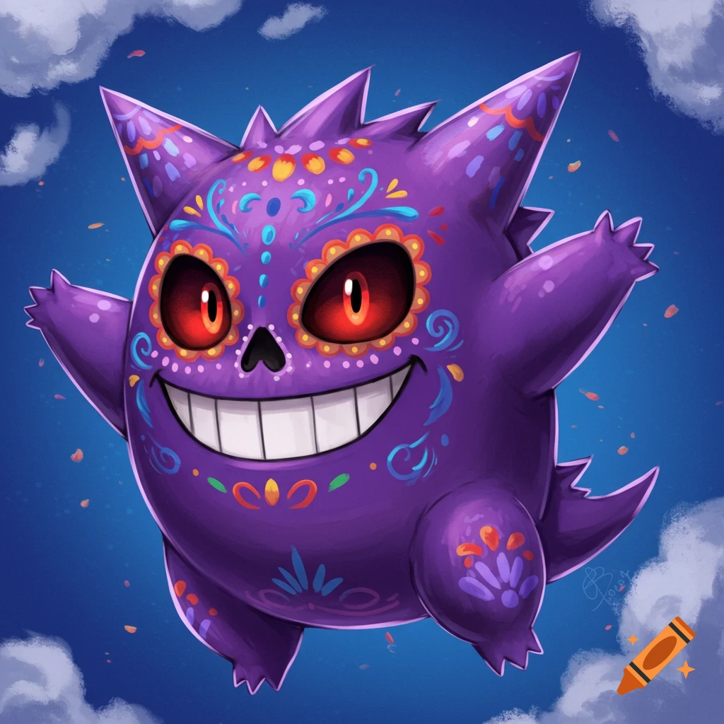 A purple Gengar pokemon with colorful sugar skull face paint floats in a blue sky.