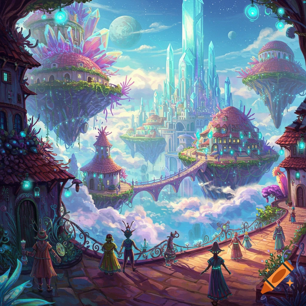 A vibrant fantasy city on floating islands with crystal spires.