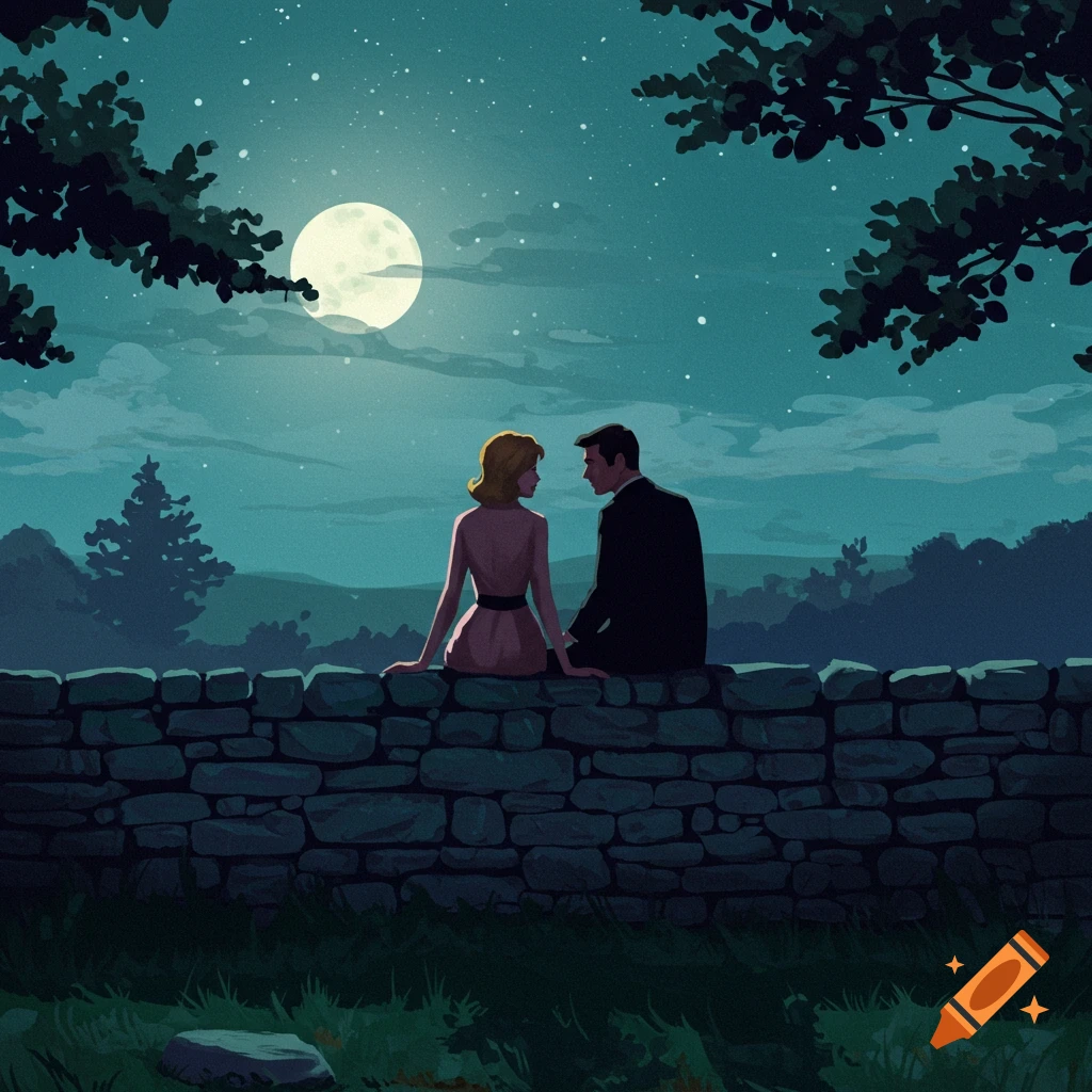 A couple sits on a stone wall looking at each other under a full moon at night.