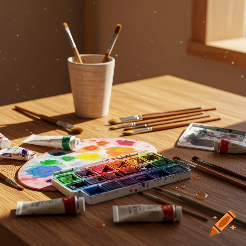 Close-up of watercolor paints, brushes, and palette on a wooden table in sunlight.