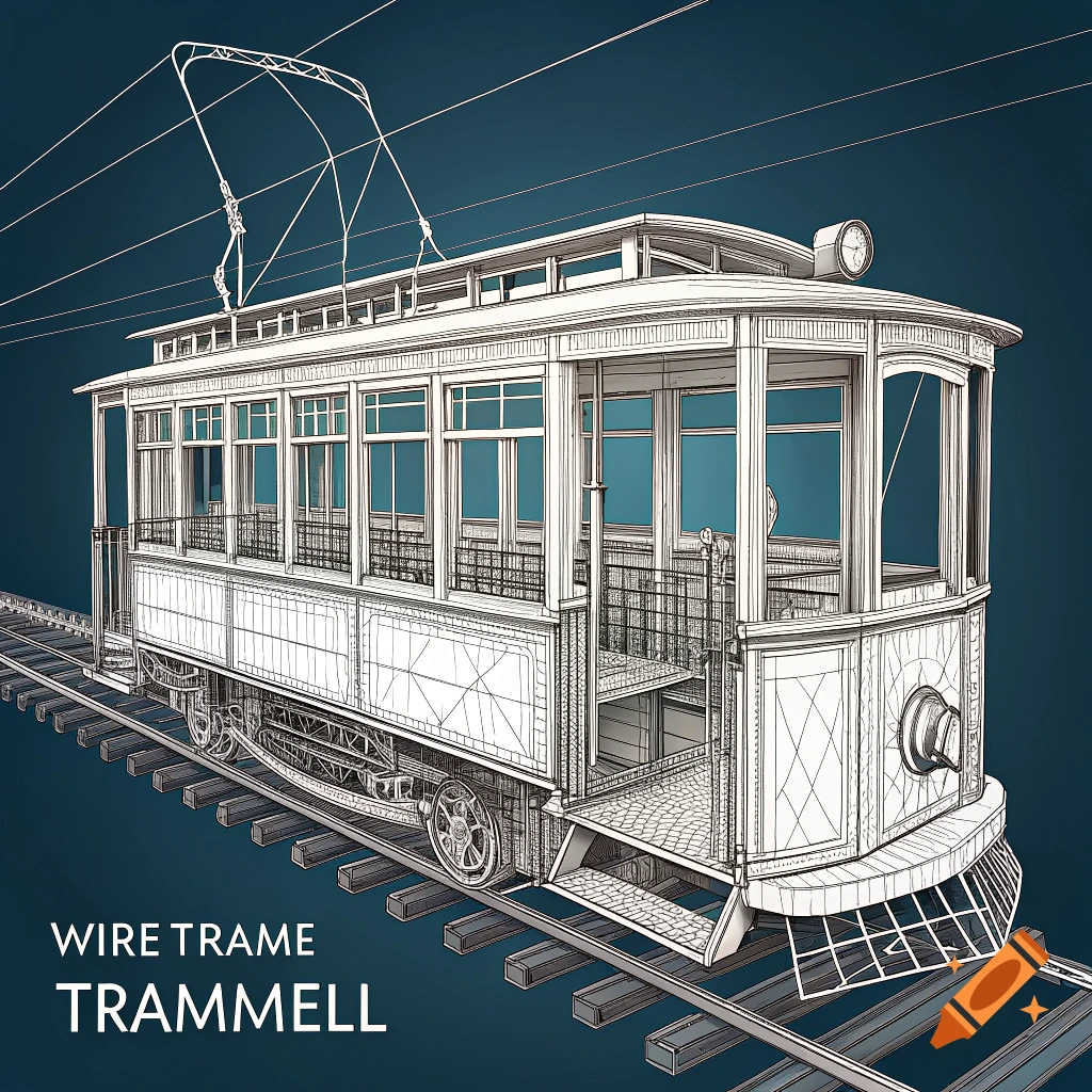 Wireframe illustration of a vintage tram on tracks.