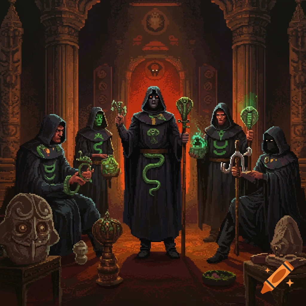 A group of robed figures with snake symbols and staffs gather in a dimly lit room, pixel art style.