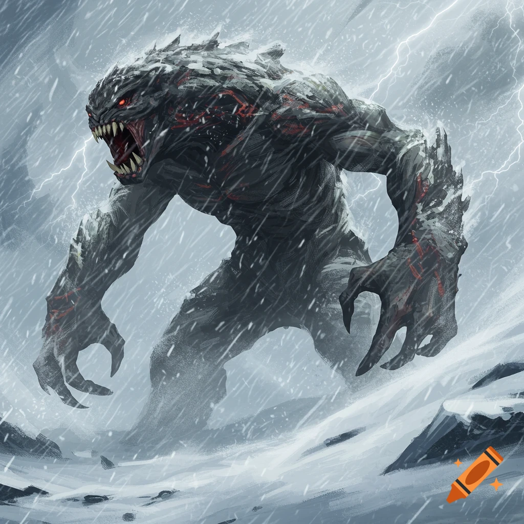 A huge, fierce monster with sharp teeth and glowing red eyes stands in a snowy storm with lightning.