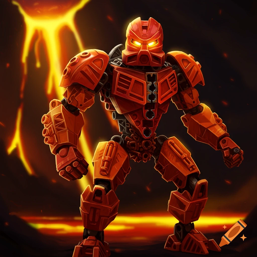 A red and orange robotic figure stands in a volcanic landscape.