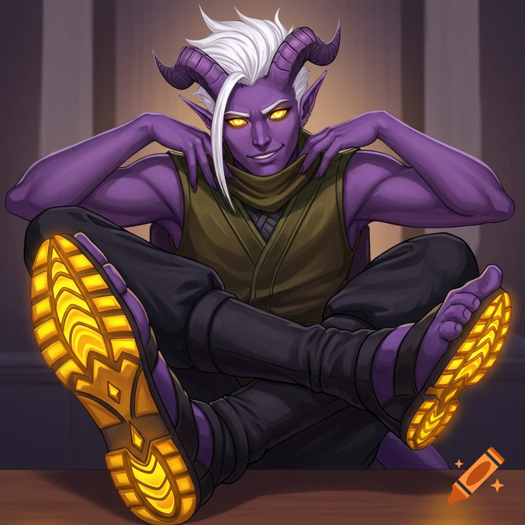 A male tiefling with purple skin, white hair, horns, and glowing yellow eyes. He wears a ninja outfit and sits with feet on a desk, smirking. His two-toe shoes have glowing yellow soles.
