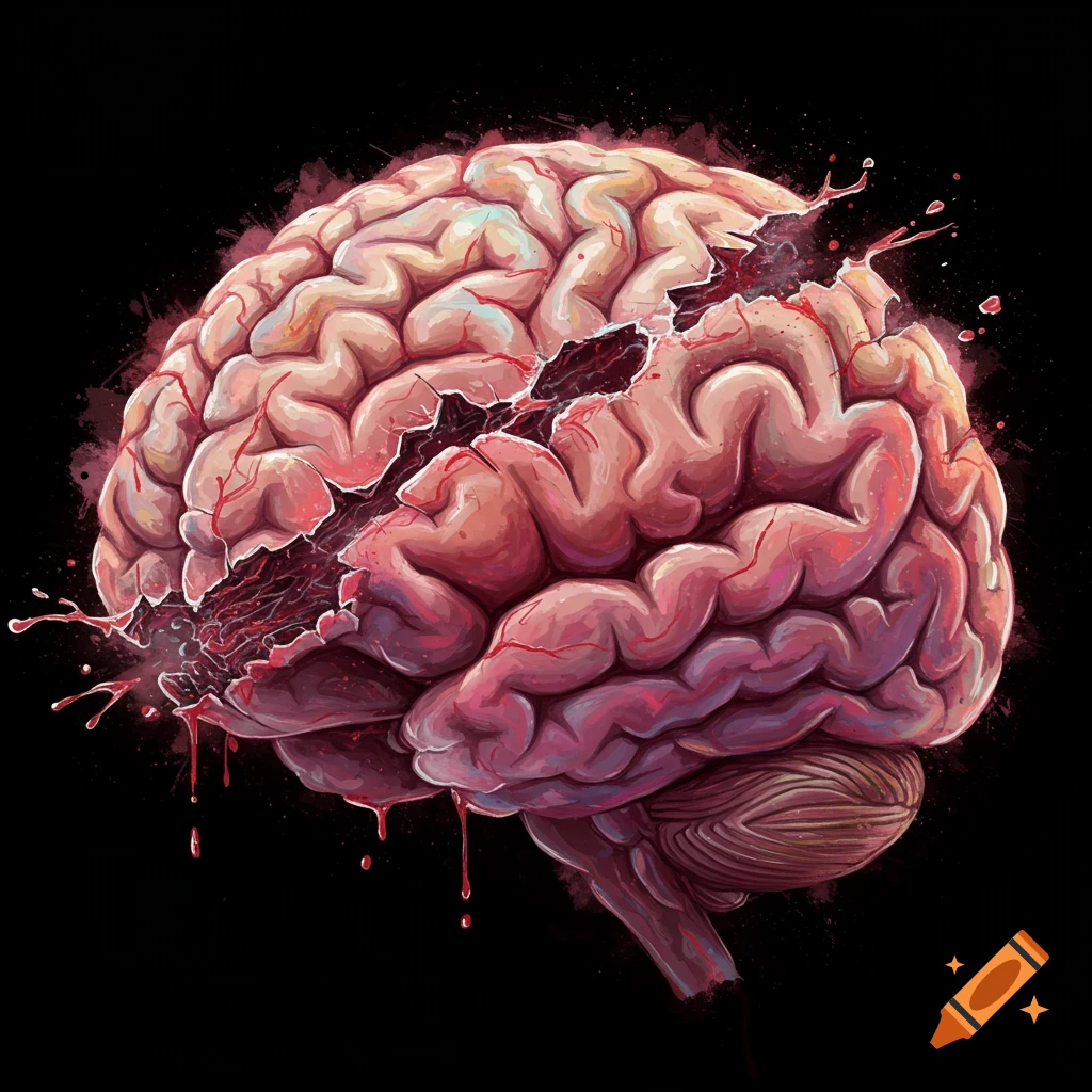 A torn human brain with blood splatter