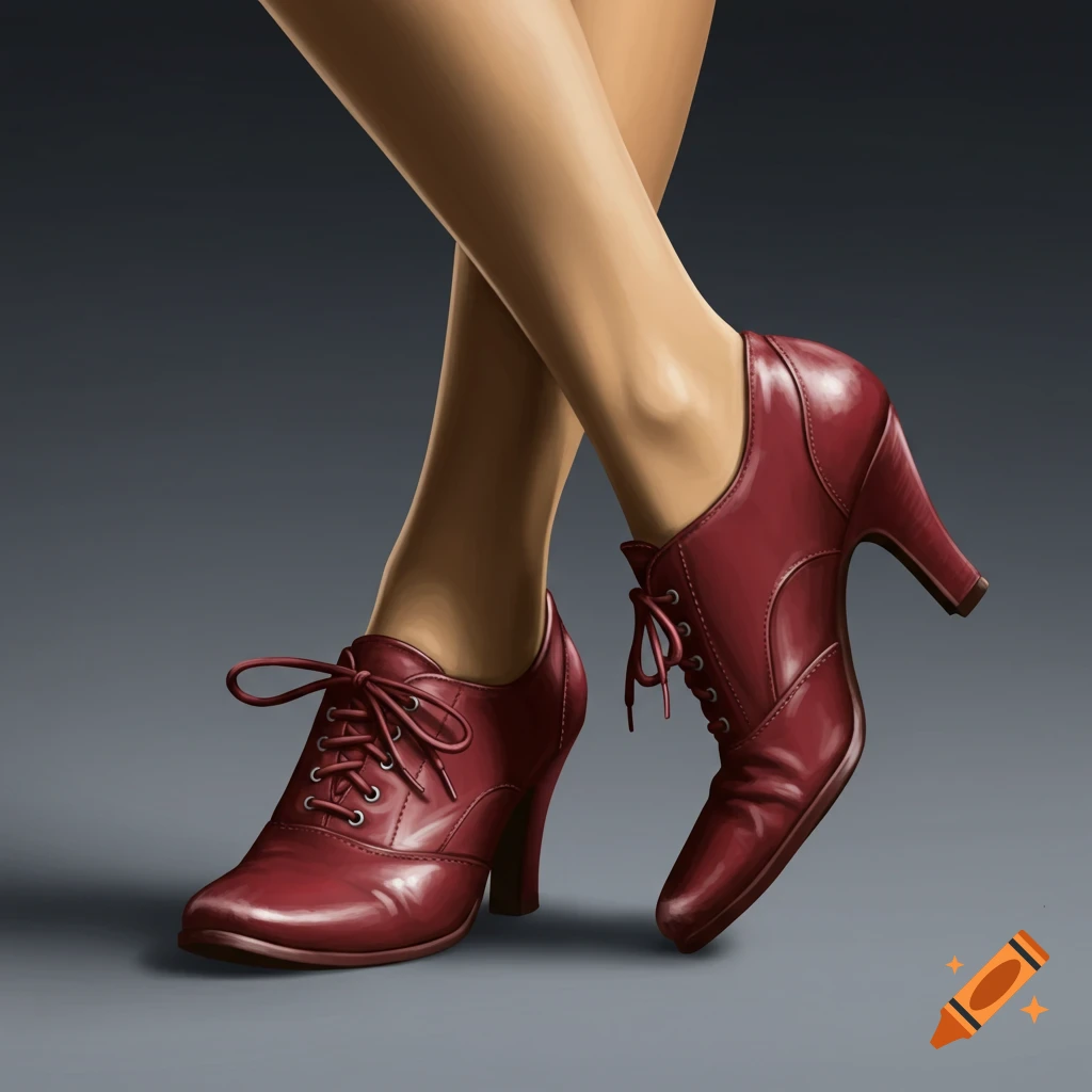 The image shows crossed legs wearing shiny red high-heeled oxford shoes.