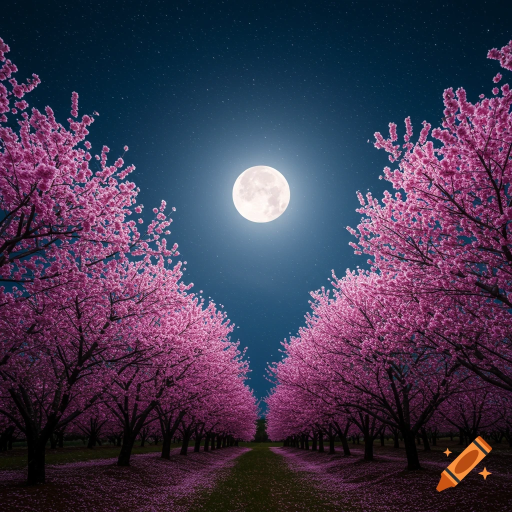 A path lined with pink cherry blossom trees under a bright full moon and starry night sky.