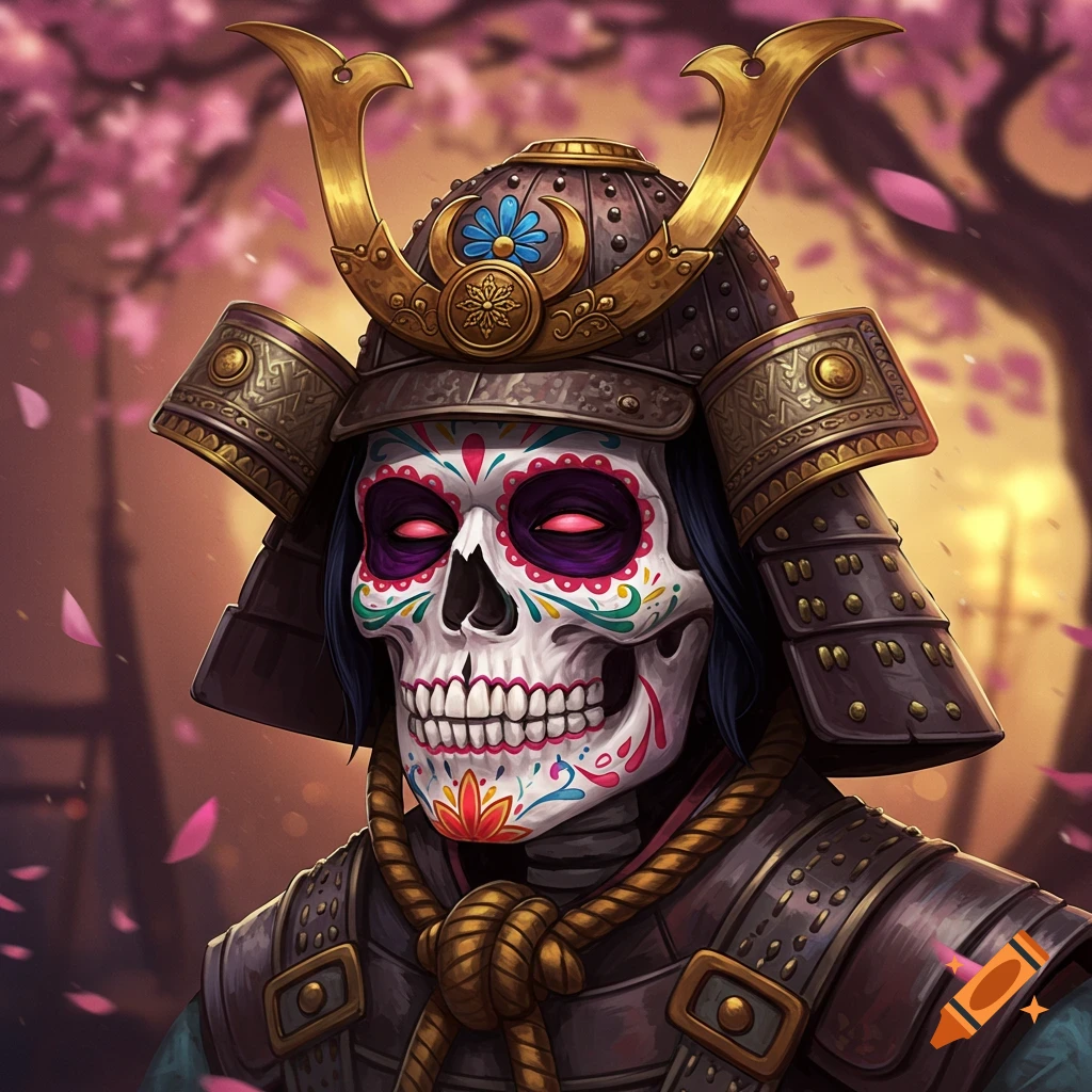 Candy skull wearing samurai armor under cherry blossoms.