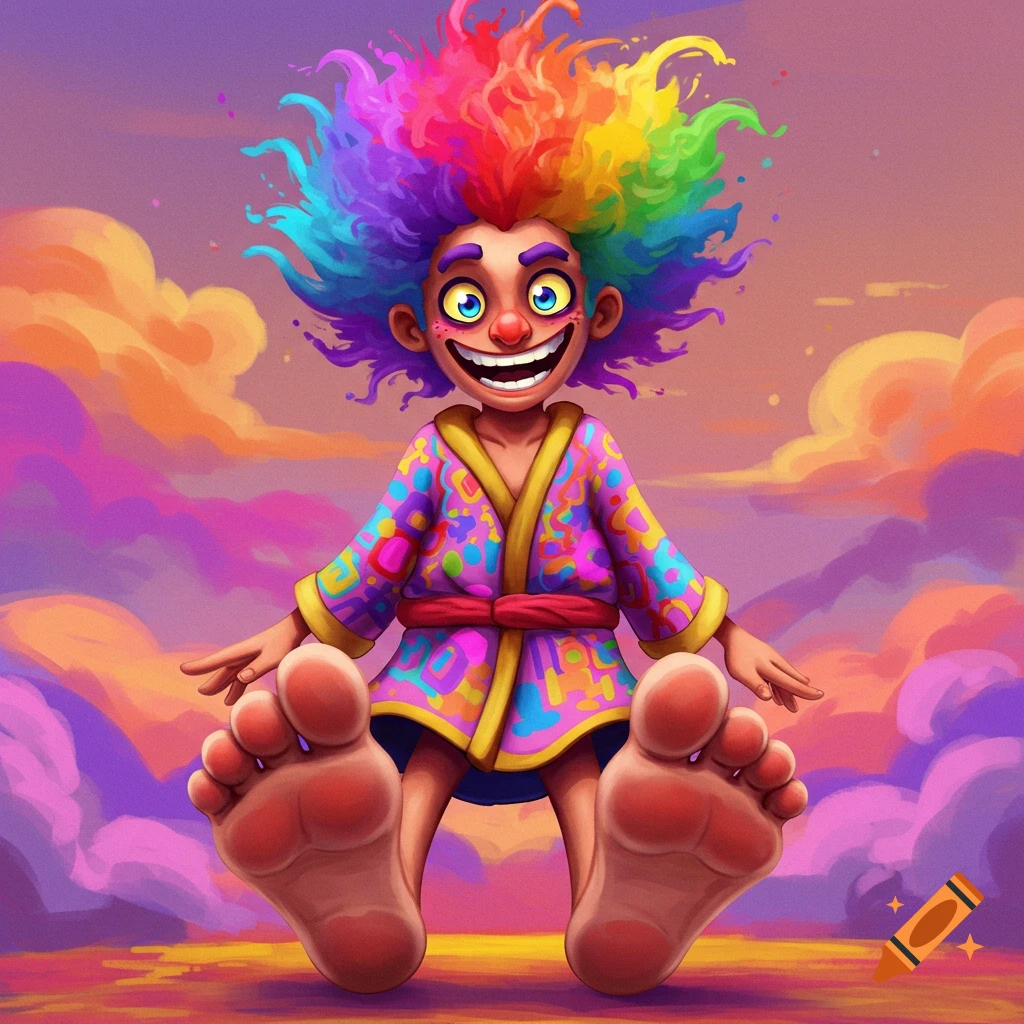 A vibrant cartoon character with rainbow afro hair and big feet sits under a colorful cloudy sky.