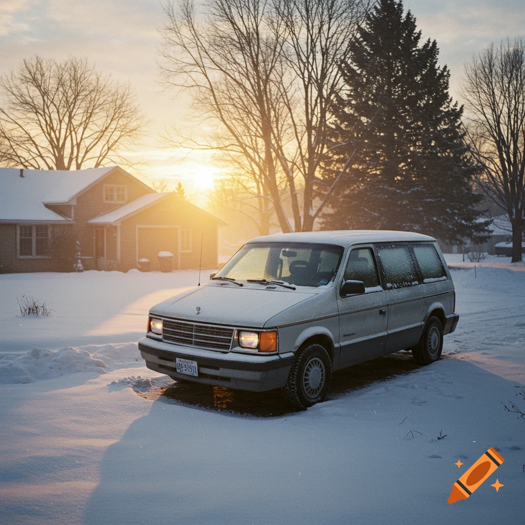 A 1980s Dodge Caravan covered in snow in a suburban yard at sunrise, photograph.