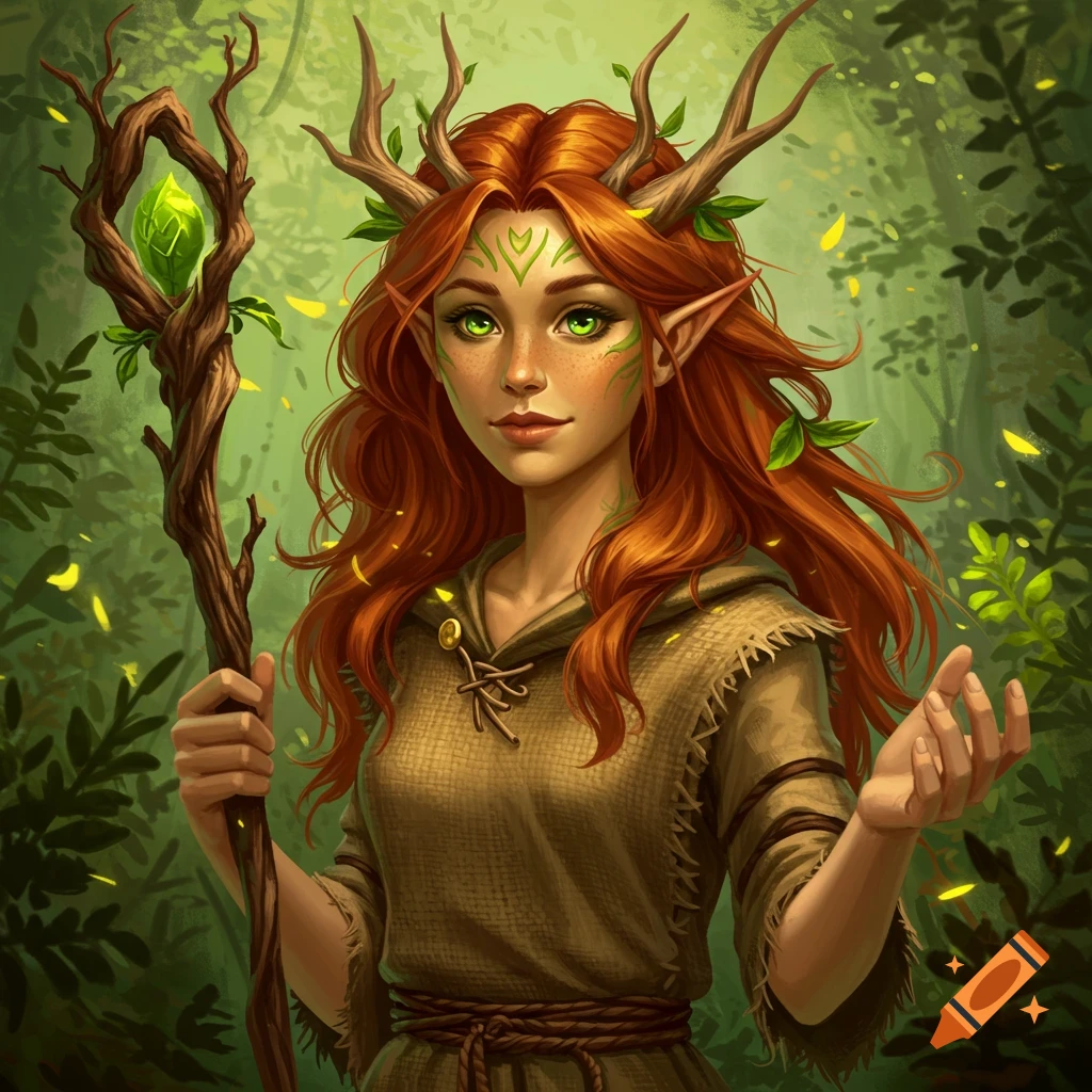 A fantasy druid with red hair, antlers, green eyes, holding a staff in a forest.
