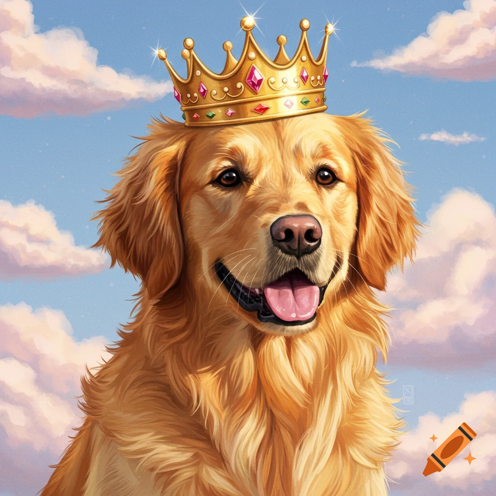 A golden retriever dog wearing a golden crown against a cloudy sky