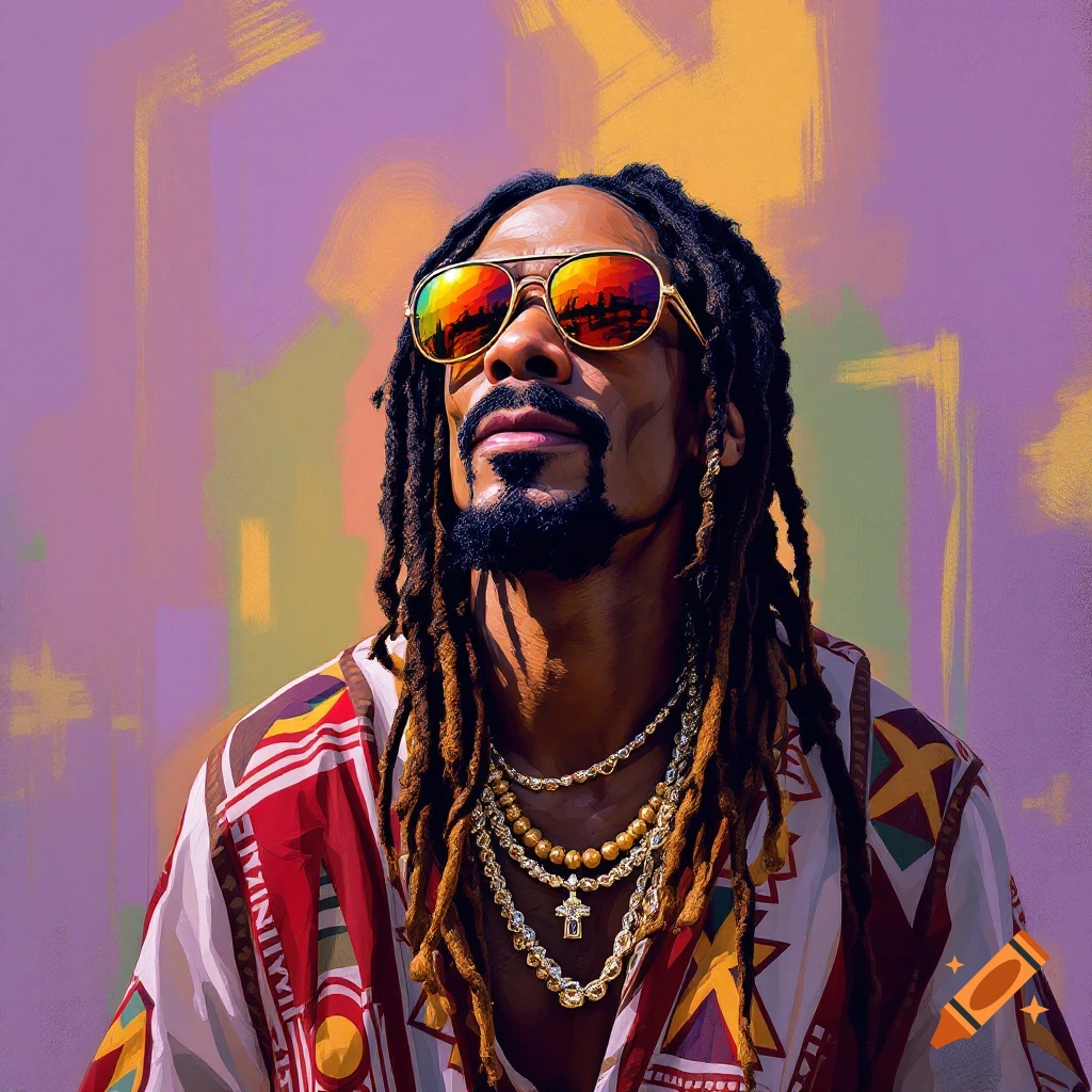 A portrait of Snoop Dogg wearing sunglasses, gold chains, and a colorful patterned shirt against an abstract background.