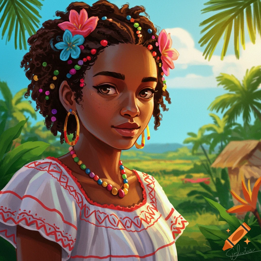 A young woman with colorful beads and flowers in her hair, wearing a white embroidered dress, against a tropical background.
