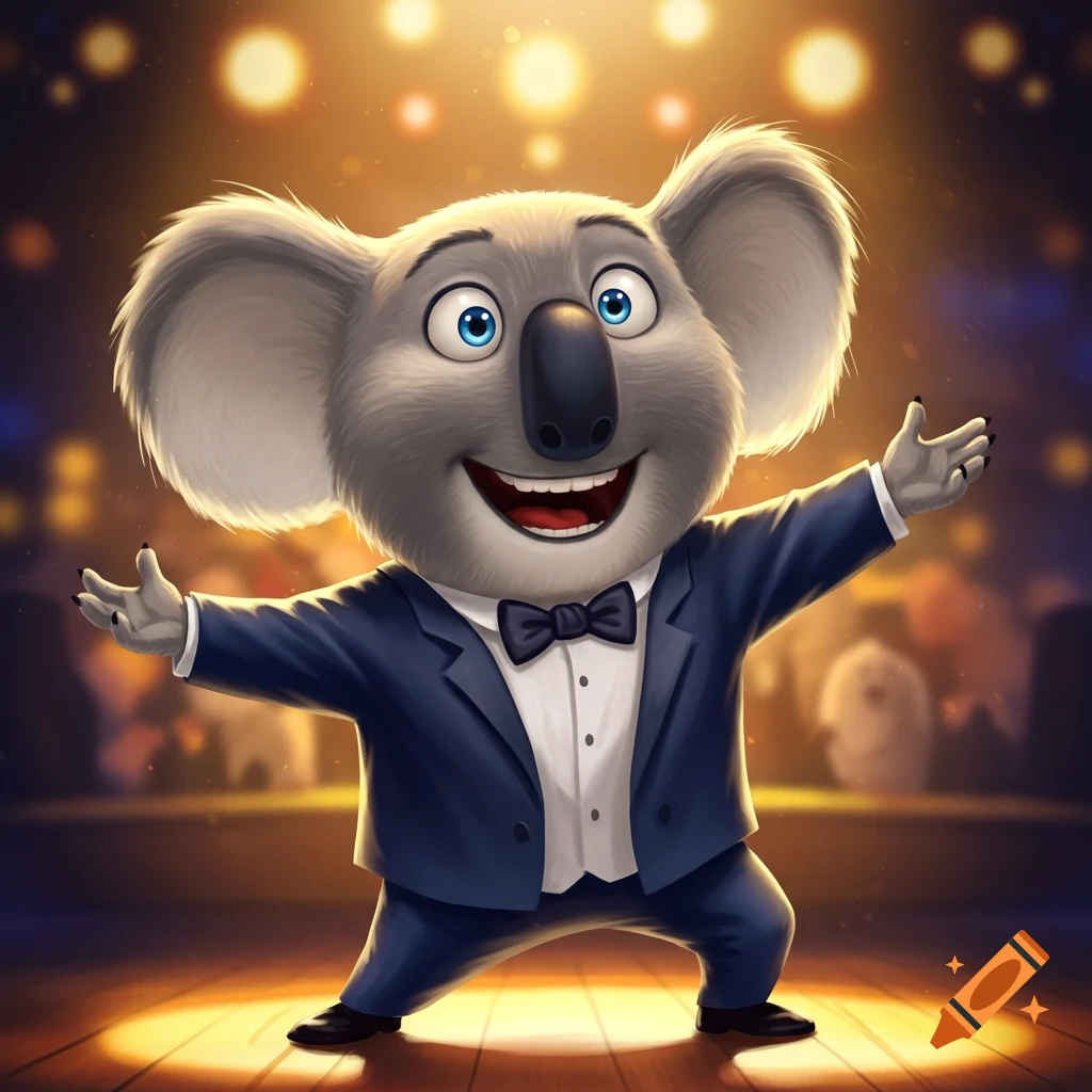 A cartoon koala in a suit and bow tie, named Buster Moon, stands on a stage with arms outstretched.