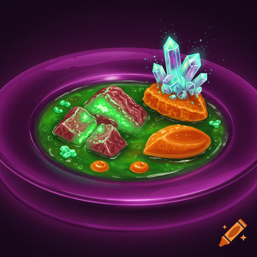 A dish with chunky meat-like pieces in green liquid, garnished with glowing crystals and orange blobs.