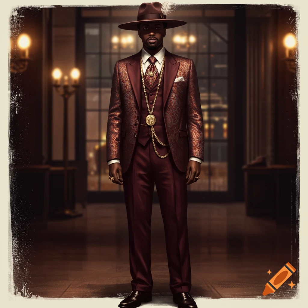 A man wears a reddish-brown patterned suit, vest, and hat.