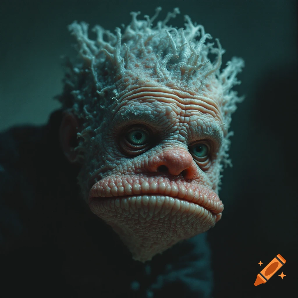 Photorealistic close-up portrait of a wrinkled creature with blue eyes.
