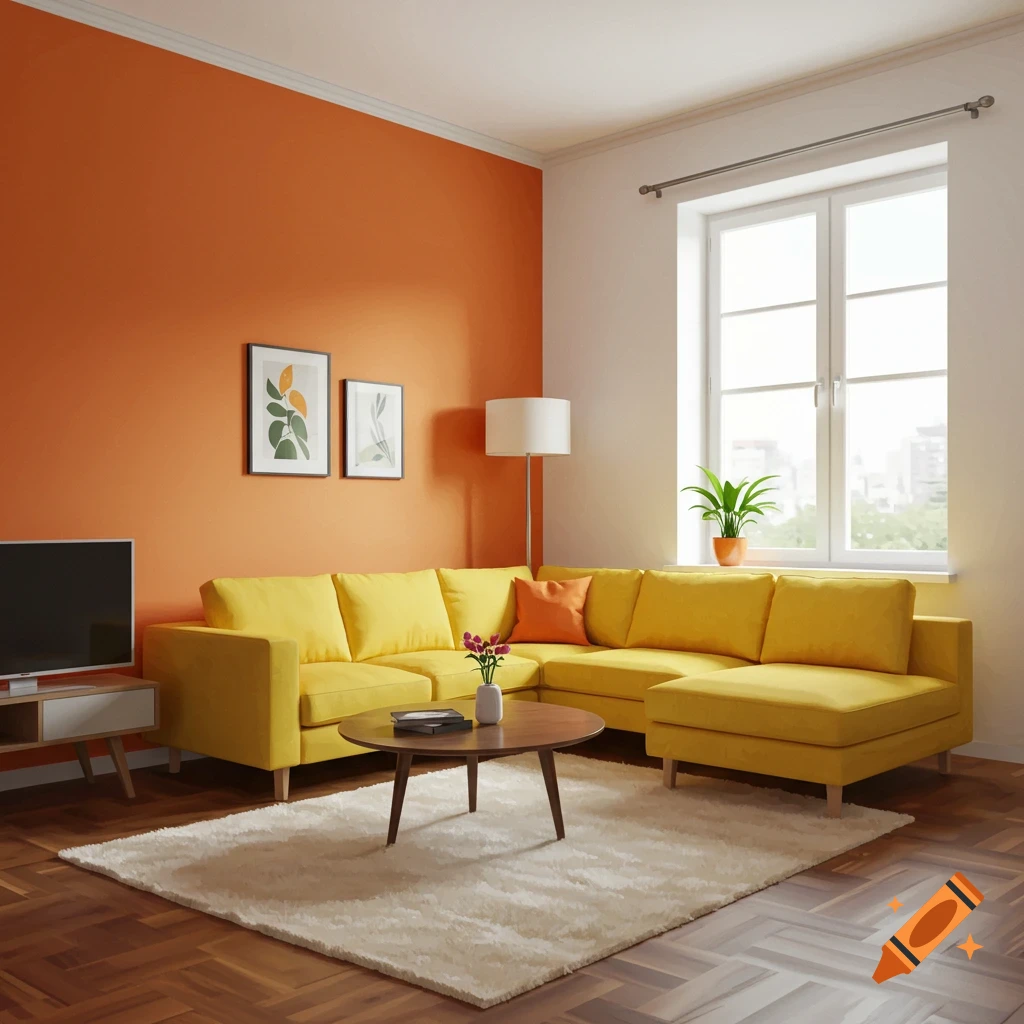 A modern living room with a yellow sectional sofa, orange accent wall, and large window.