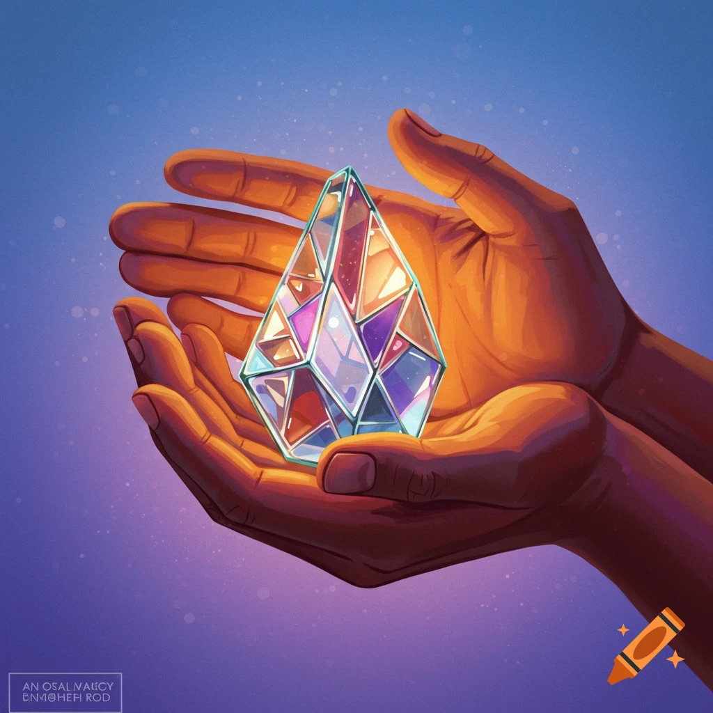 Hands cradle a glowing, multi-faceted geometric crystal.