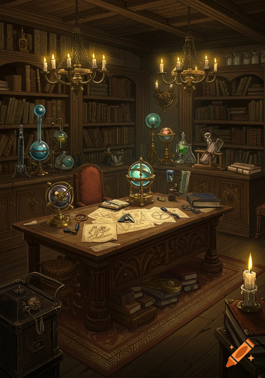 A dimly lit artificer's library with shelves packed with books, a large desk covered in papers, globes, flasks, and scientific instruments.