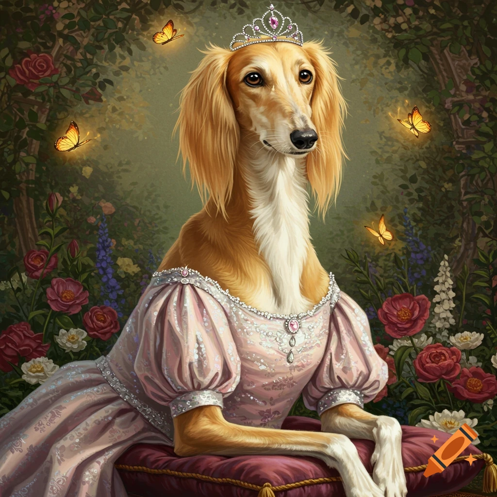 A Saluki dog wearing a pink princess dress and tiara in a garden