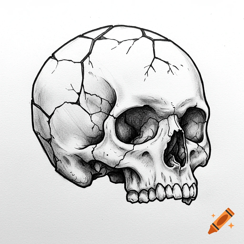 Black and white sketch of a cracked skull