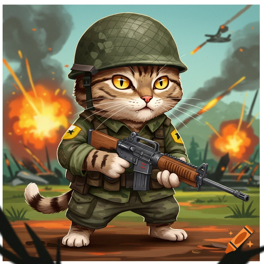 A cartoon cat in military uniform holding a rifle stands in a stylized battle scene.