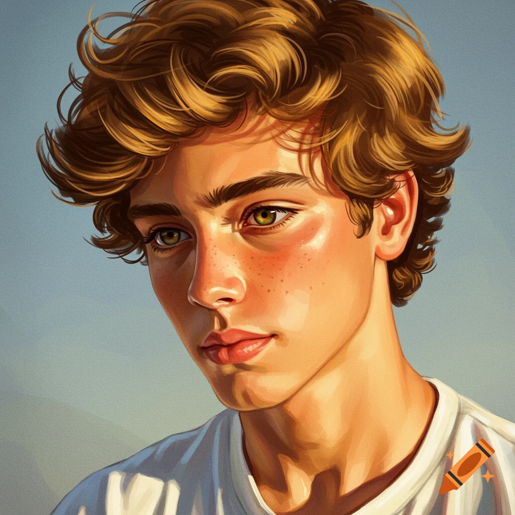 A young man with fluffy hair, green eyes, and freckles, looking down.
