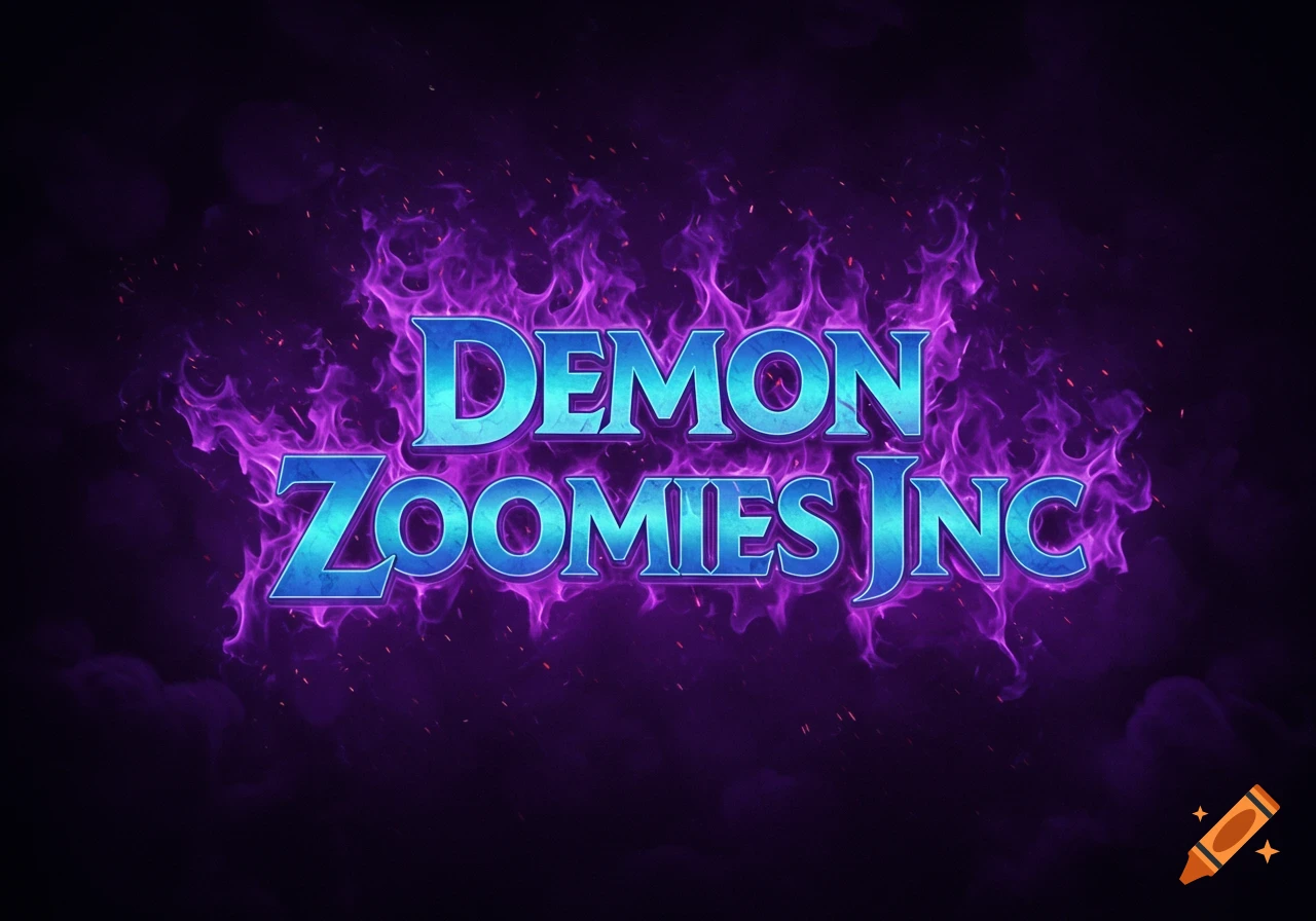 Blue text "DEMON ZOOMIES INC" surrounded by purple flames on a dark background.