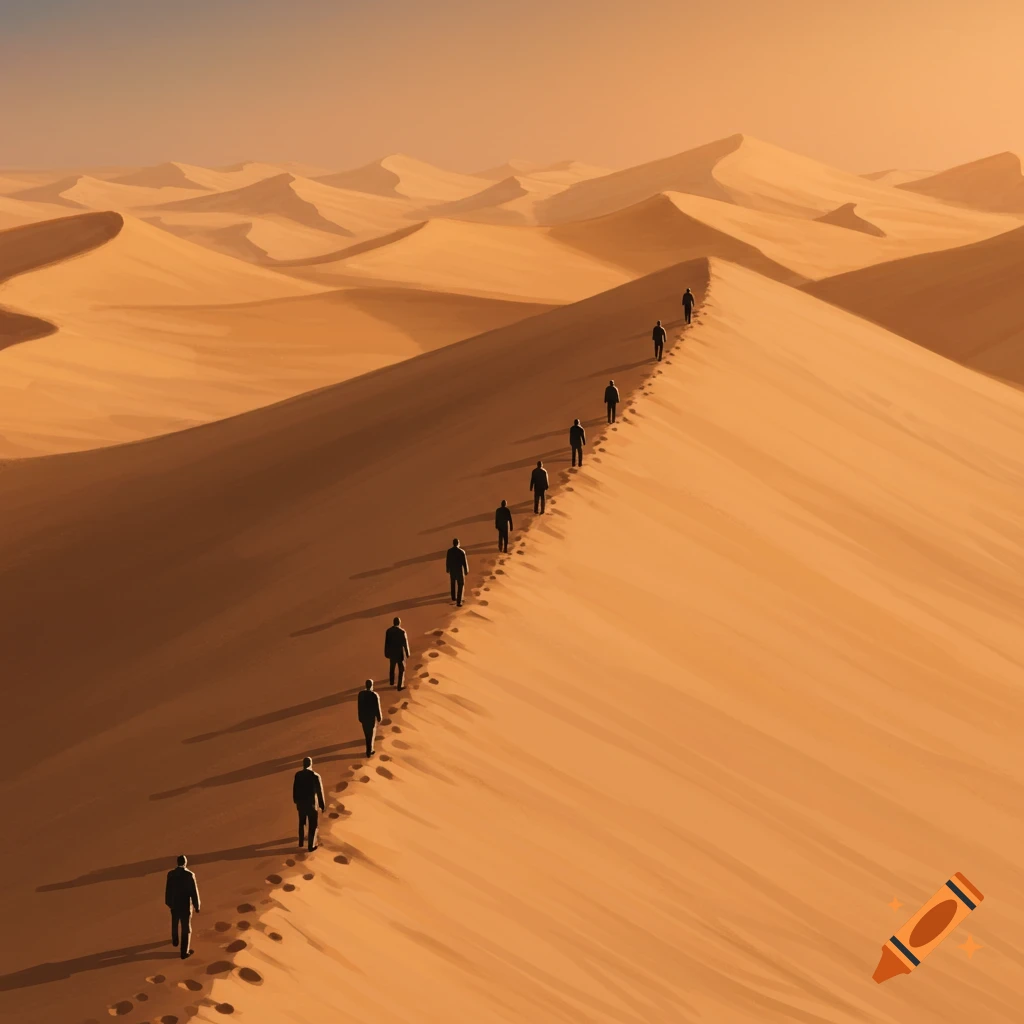 A line of figures walking along the crest of a desert dune, casting long shadows.