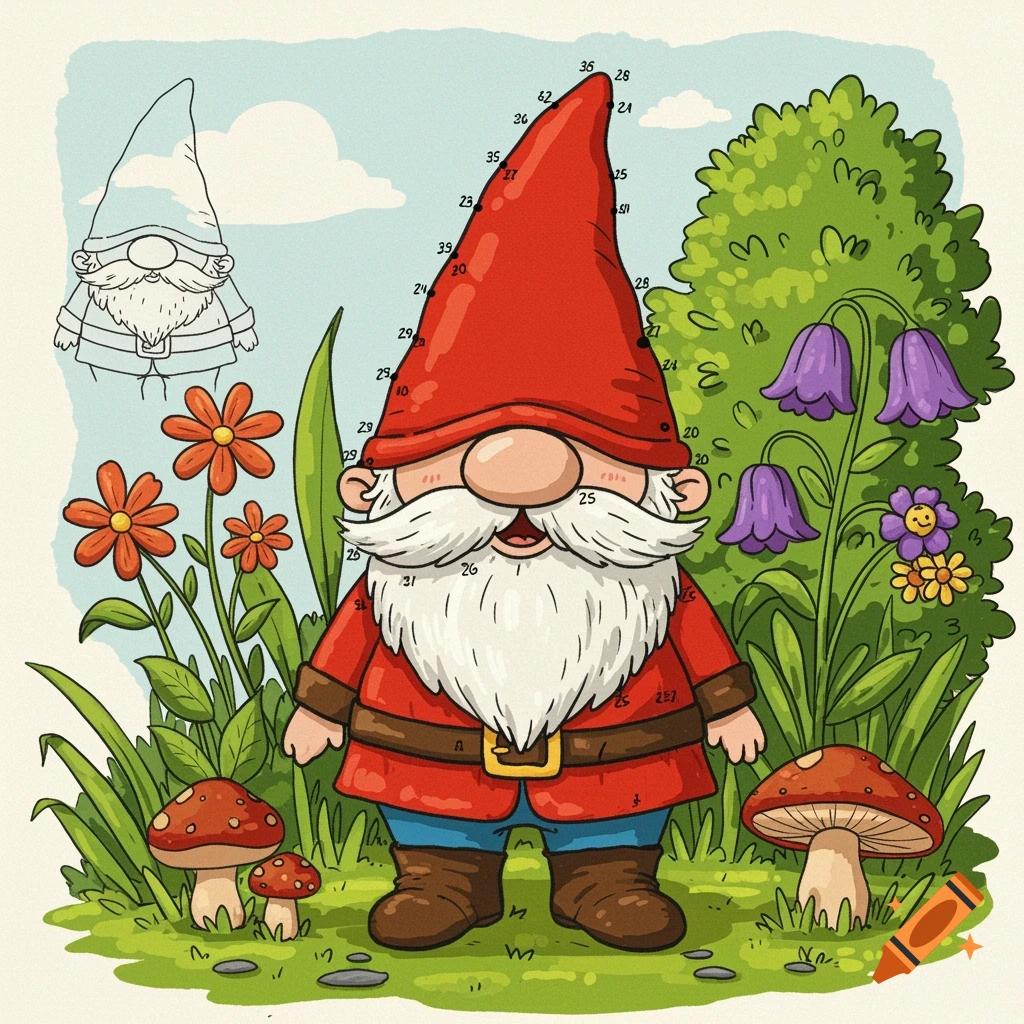 Whimsical dot-to-dot illustration of a cheerful gnome in a garden with flowers and mushrooms.